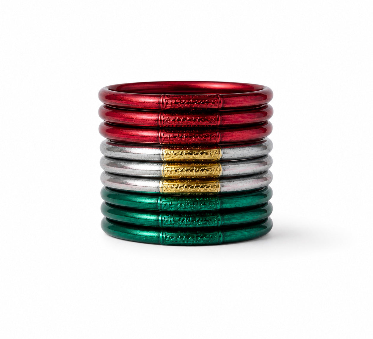 Bundle México 2026 con nueve bangles en colores rojo, plata y verde, inspirados en la pasión del fútbol y los colores emblemáticos de México.