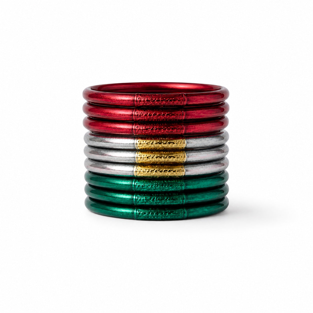 Bundle México 2026 con nueve bangles en colores rojo, plata y verde, inspirados en la pasión del fútbol y los colores emblemáticos de México.